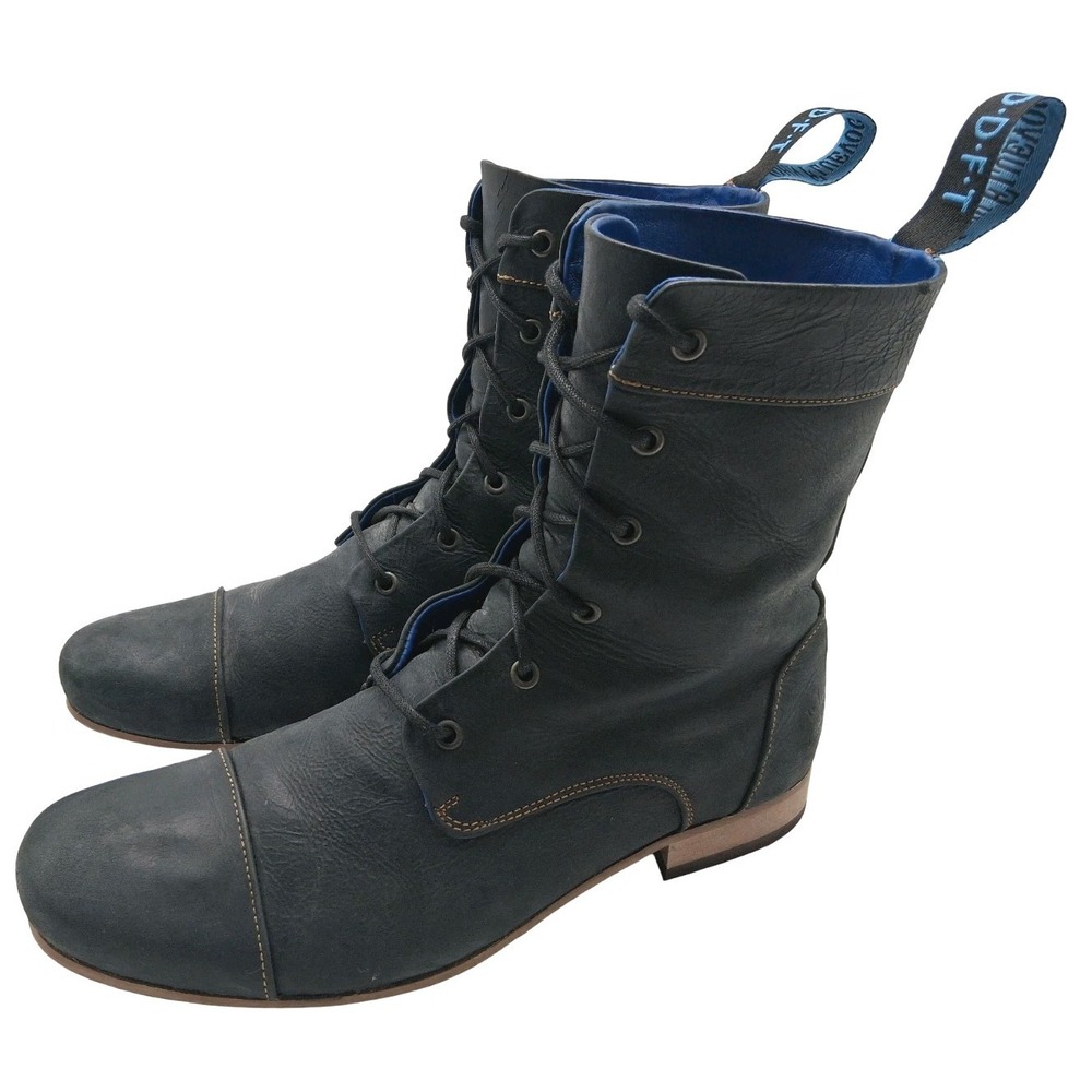 John Fluevog Boots Mens 11 Blk/Gray/Blue Leather Lace Up Mid Calf Cap Toe DDFT